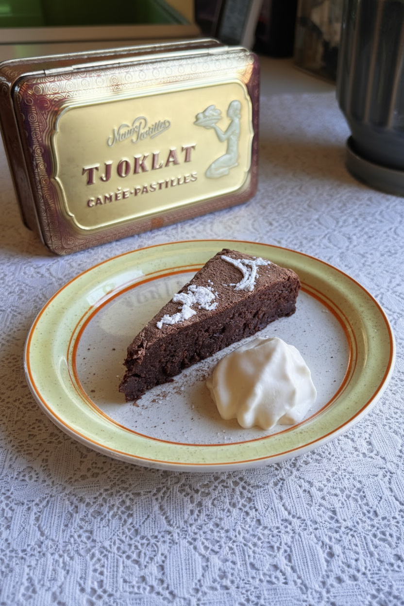 Flourless chocolate torte with whipped cream on a plate next to a vintage candy tin labeled 'Tjoklat.'