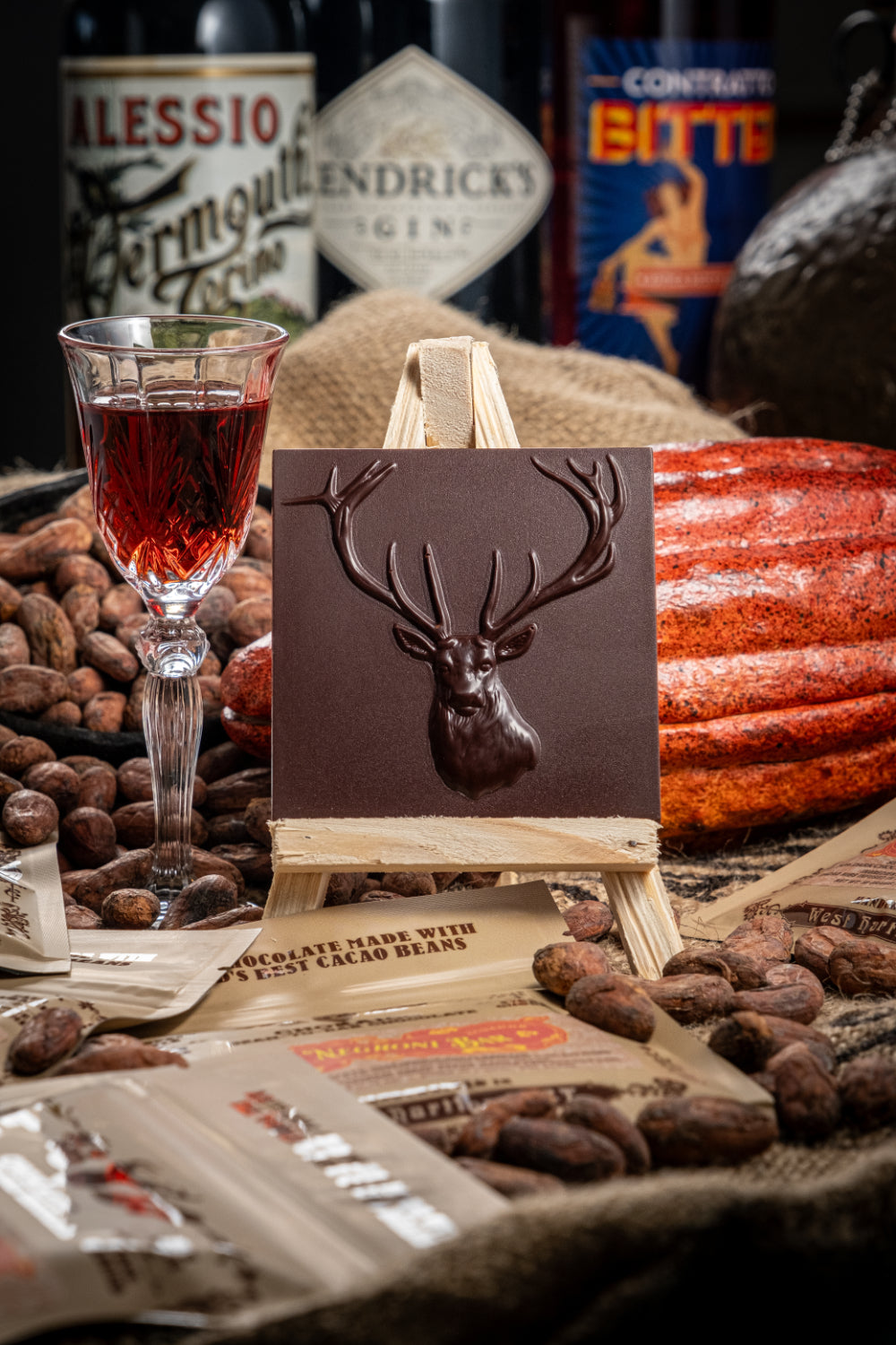 The Negroni Bar with 70% Hacienda Costa Esmeraldas- Muisne - Ecuador Dark Chocolate with Negroni-soaked nibs and orange peel.