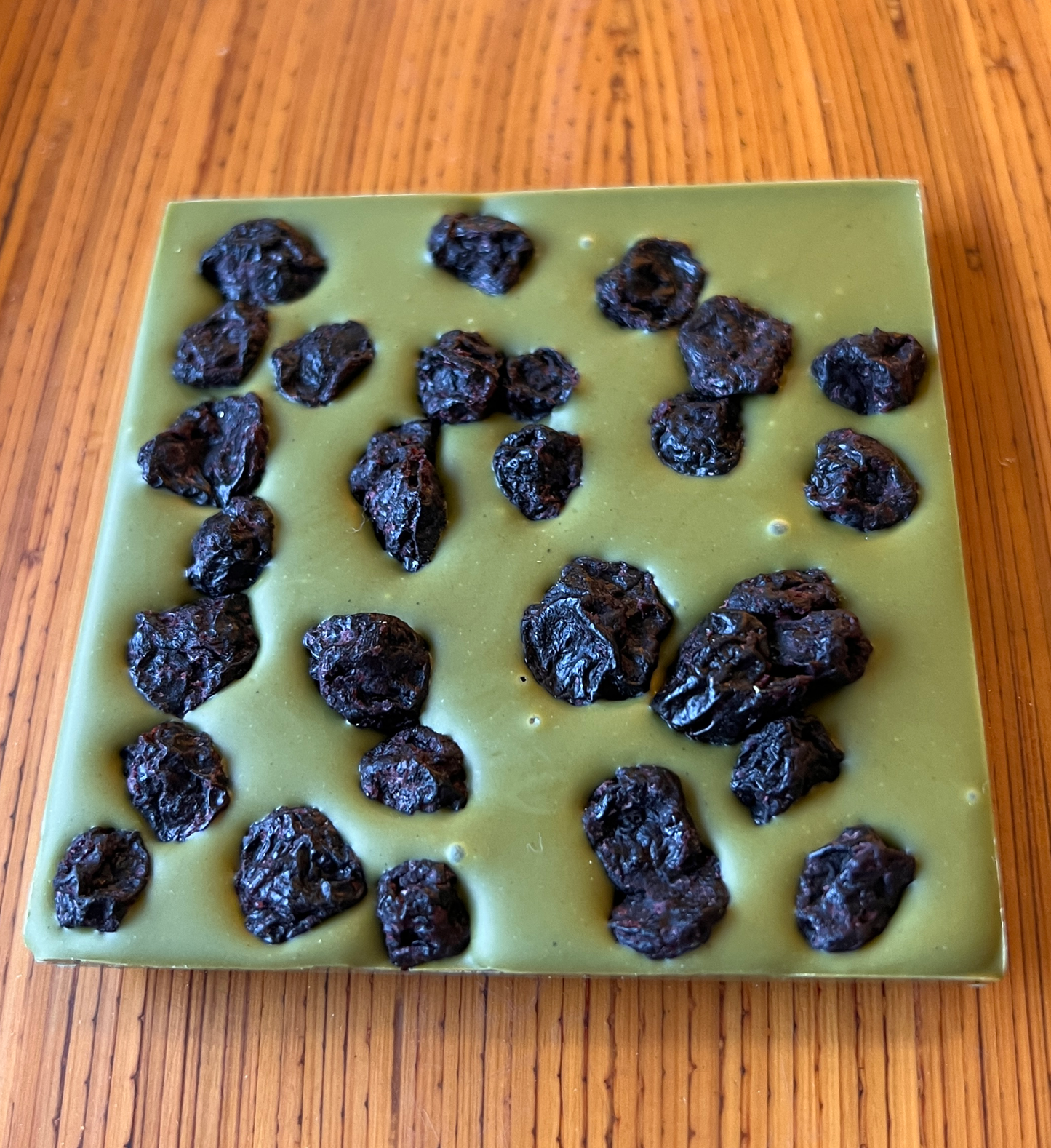 Jade Verdi -White Chocolate with Organic Matcha leaf powder and dried blueberries