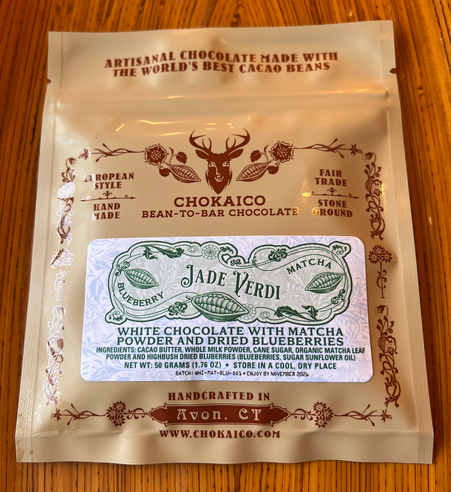 Jade Verdi -White Chocolate with Organic Matcha leaf powder and dried blueberries